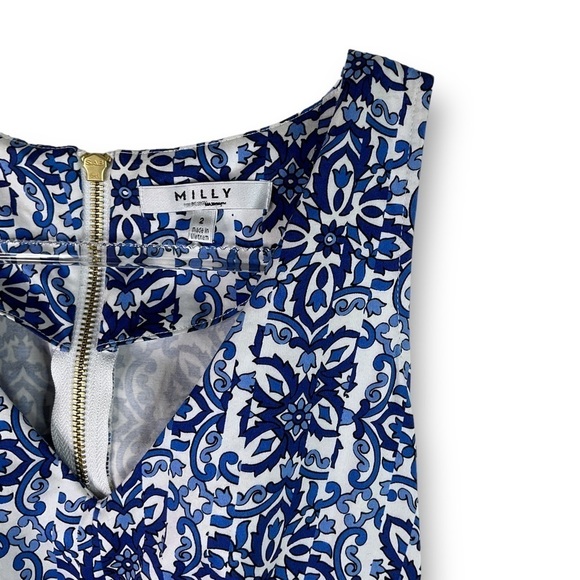 Milly Blue Combo Sleeveless V Neck A Line Cotton Blend Dress Blue Sz 2 - Picture 5 of 13